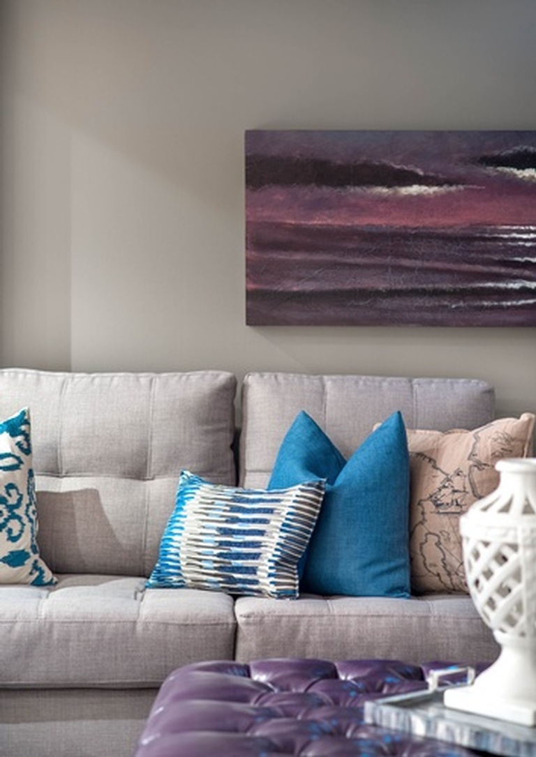 Fabric Throw Pillows on Couch - Stouffville Basement Renovation Services by Royal Interior Design Ltd